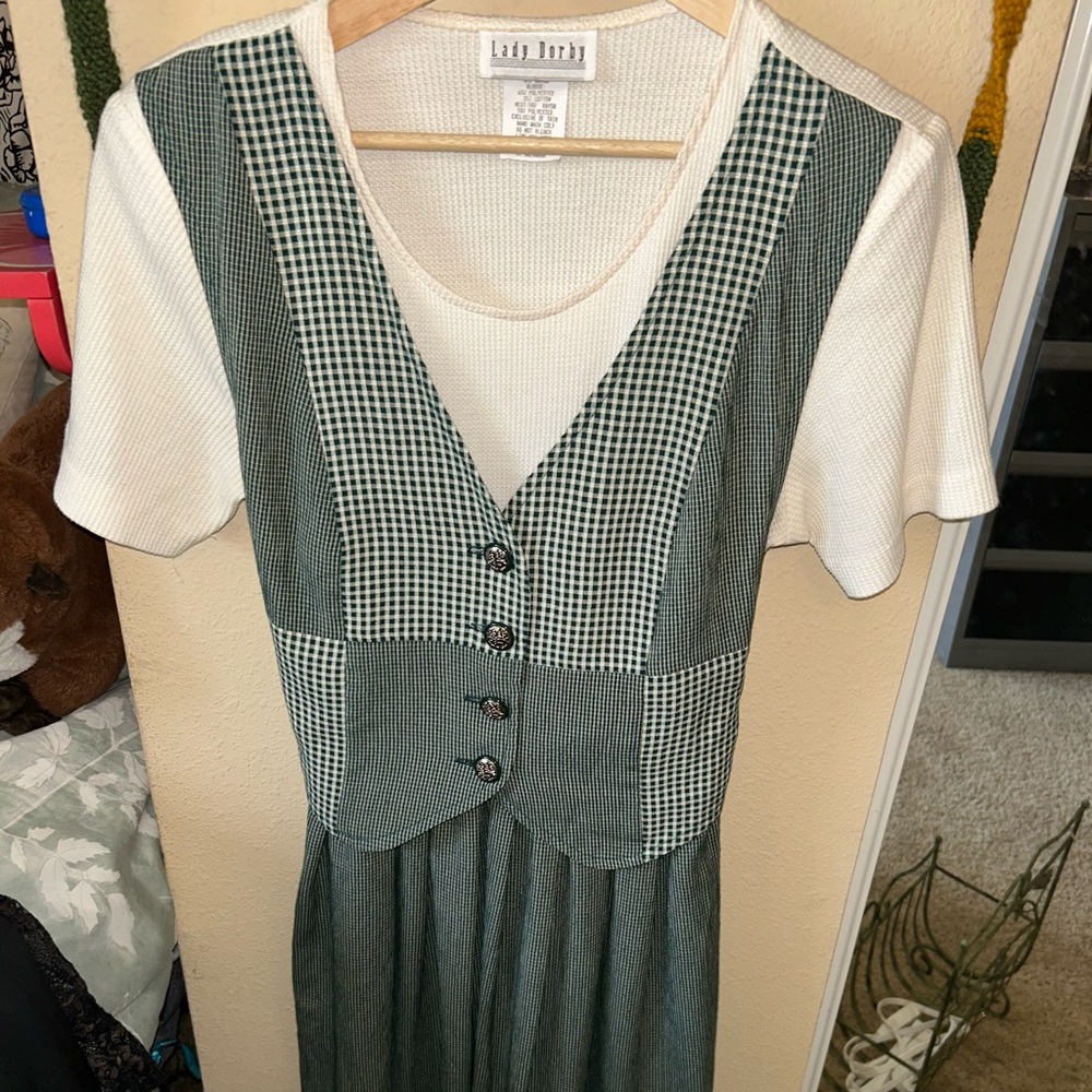 Vintage Lady Dolby 90’s green and white petite dress with tie vest